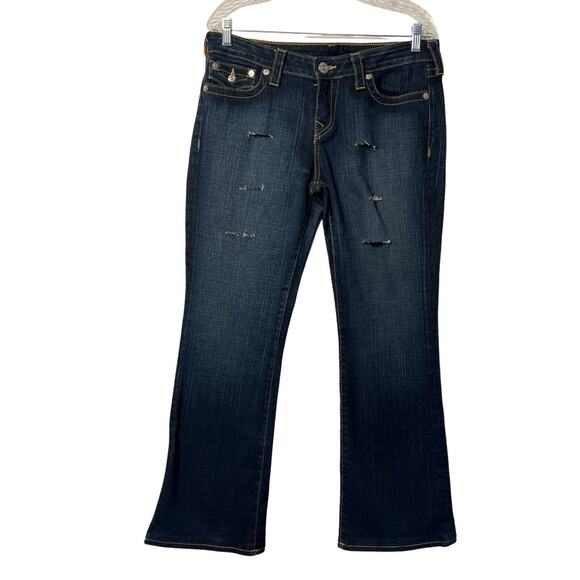 True Religion Becky Jeans Womens Size 32" Blue Bootcut Dark Wash Distressed - Picture 1 of 14
